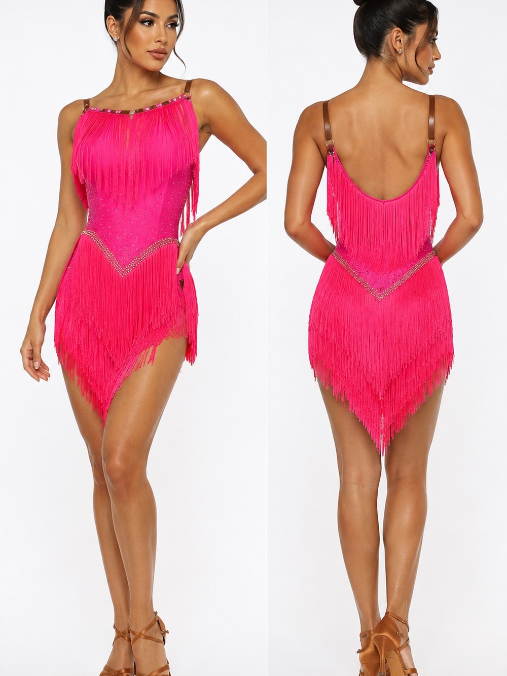 Fringe Chemise with Rhinestone Trim in Hot Pink